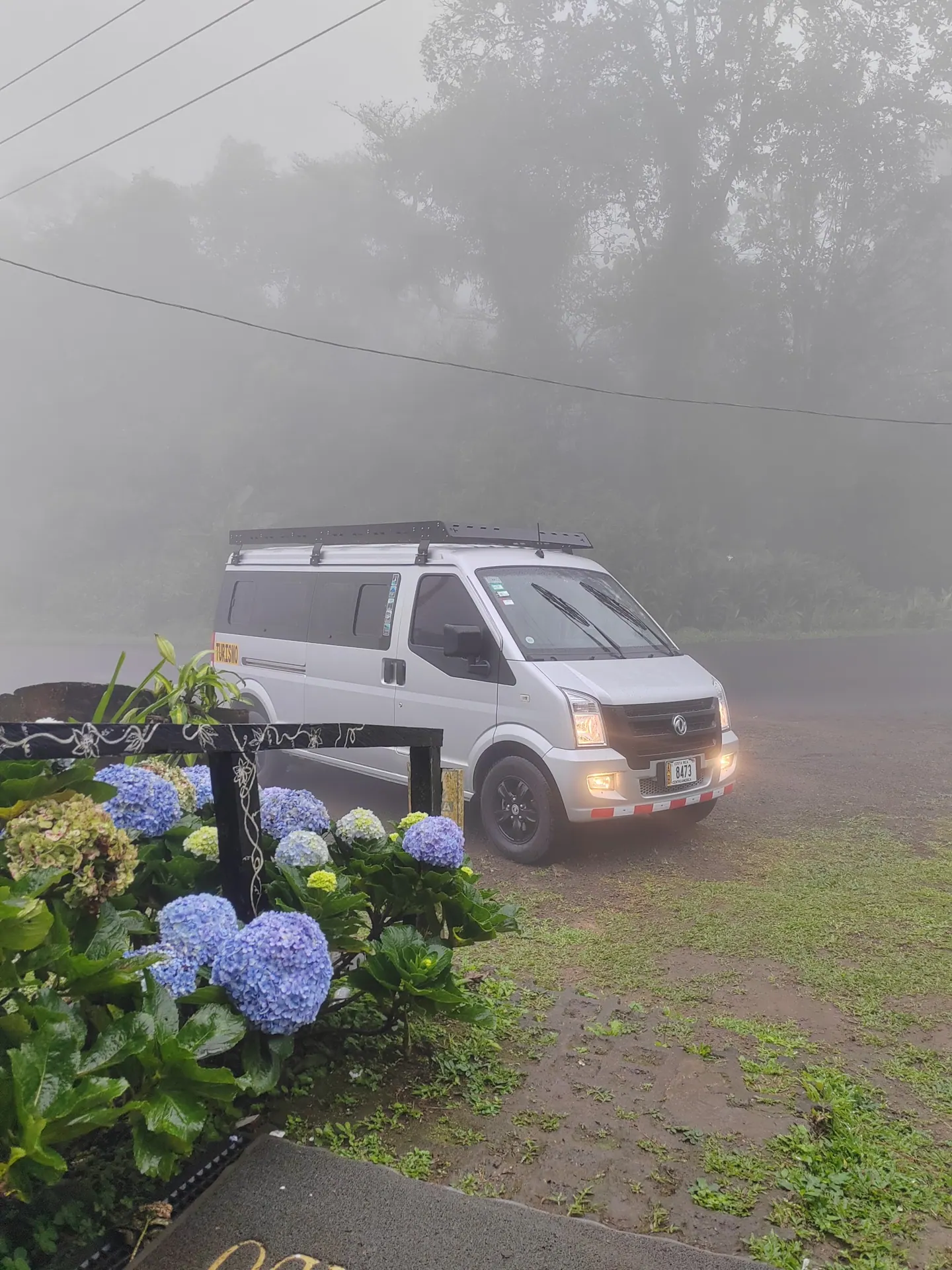 TicoTrekker van on a misty cloud forest road with hydrangeas